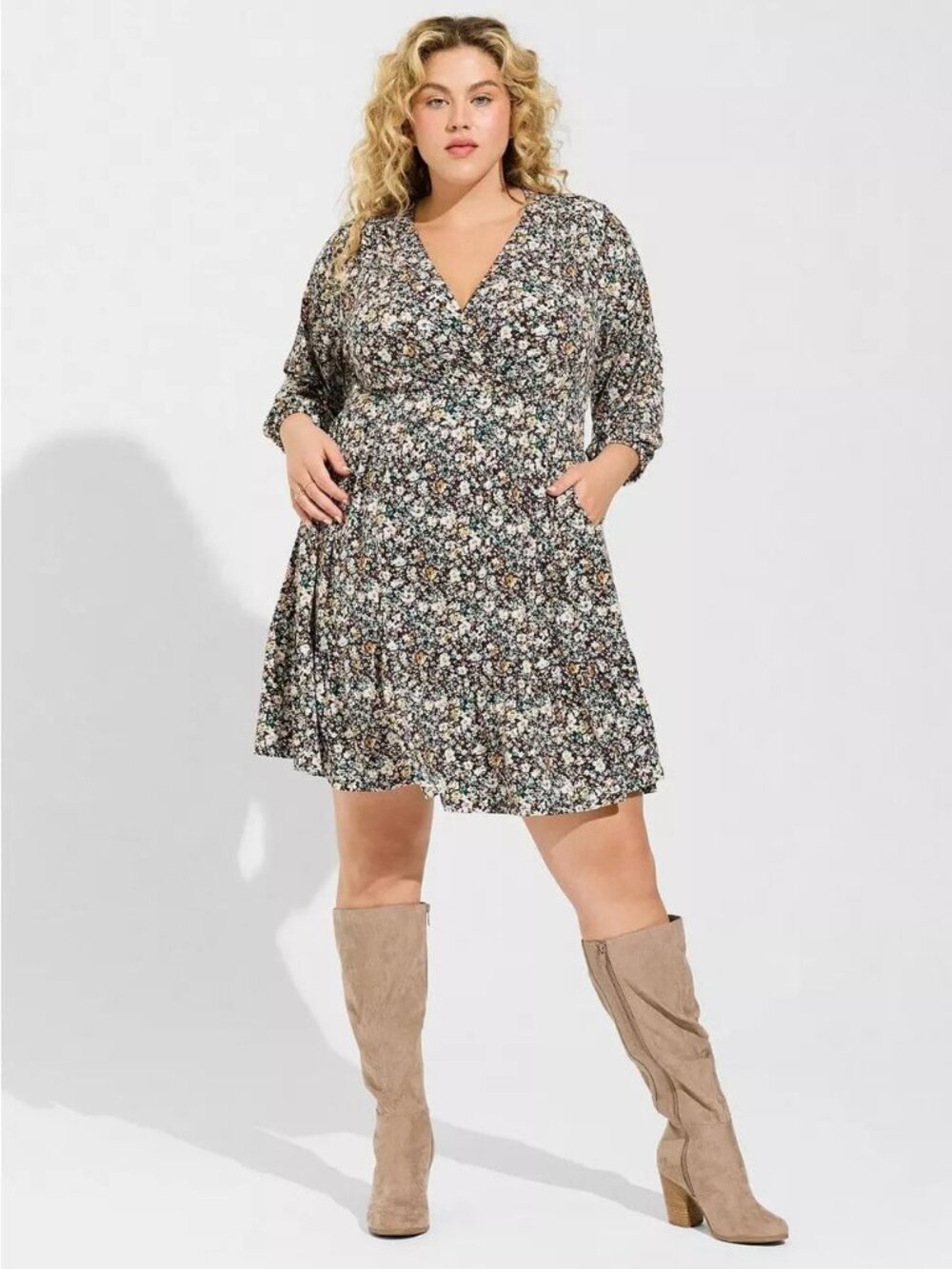 Torrid Mini Studio Knit Surplice Tiered Dress — Size 2 (Floral Print)
